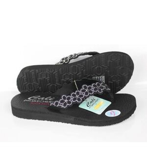Women's Skechers Meditation Rare Elegance Black Silver Sandals Flip Flops 7 M